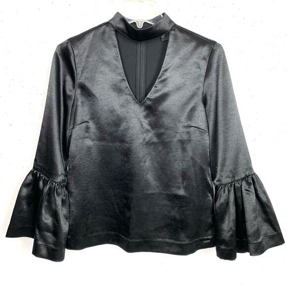 Armani Exchange Womens Bell Sleeve Keyhole V-Neck Blouse Black Poly Size Small - Picture 1 of 10